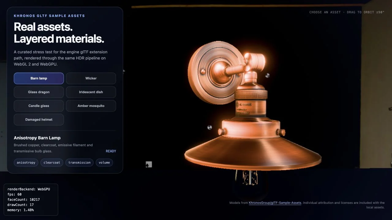 Layered glTF materials on a copper lamp