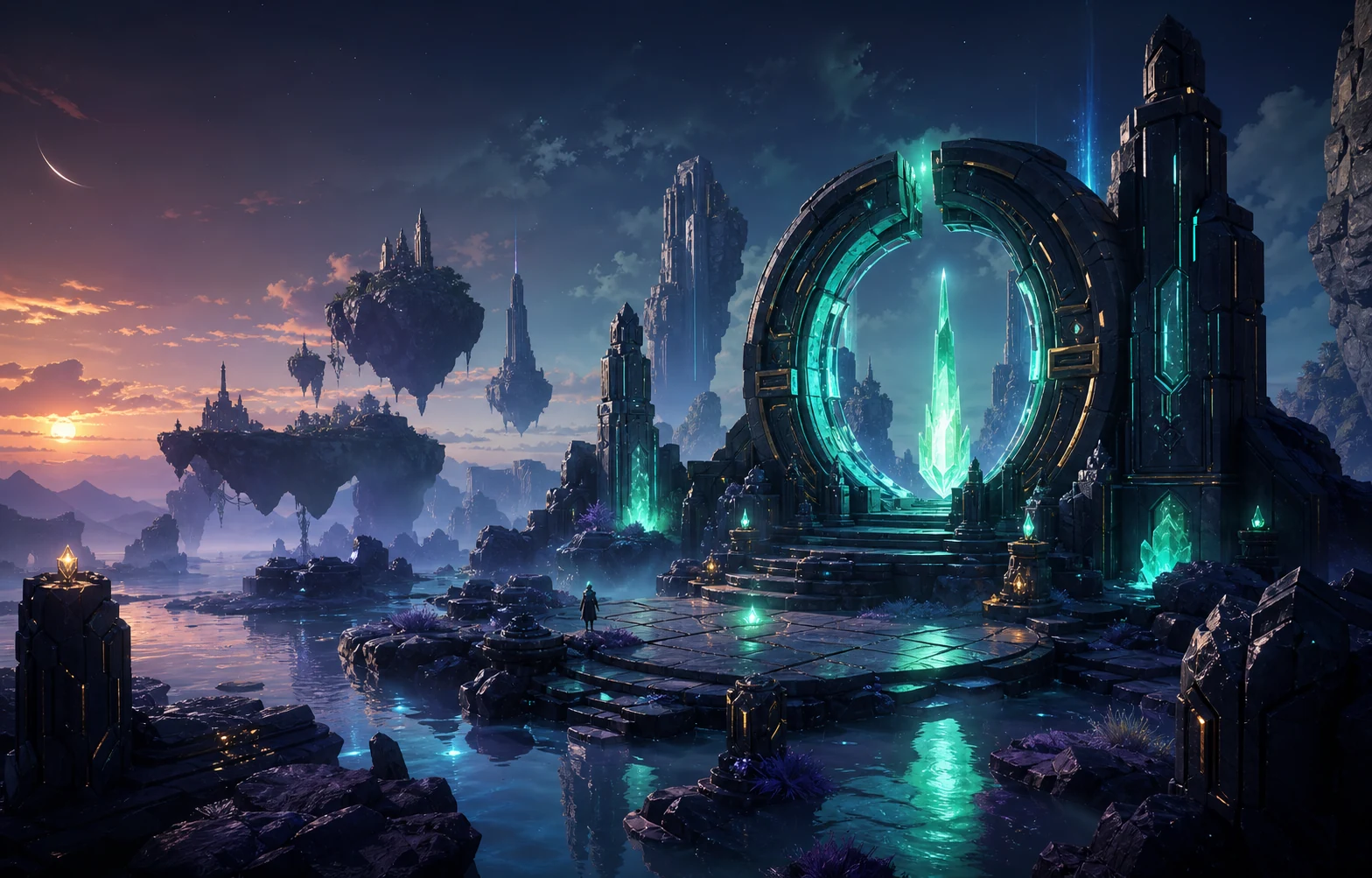 Stylized game world concept with a luminous gateway and floating islands